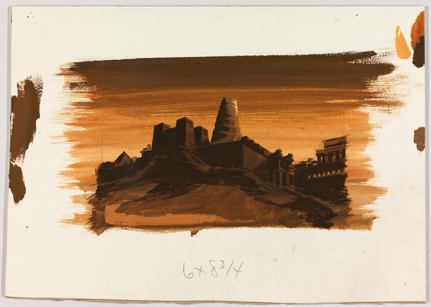 A brown brushstroke painting shows an ancient hilltop fortress with a central conical tower.