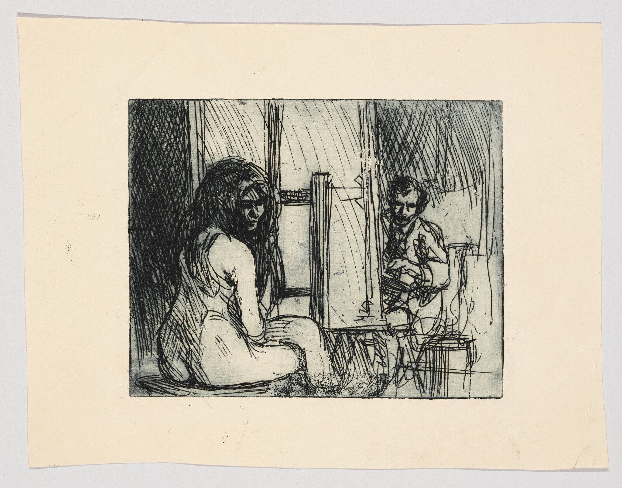 A nude woman sits while an artist sketches her at an easel in a studio.