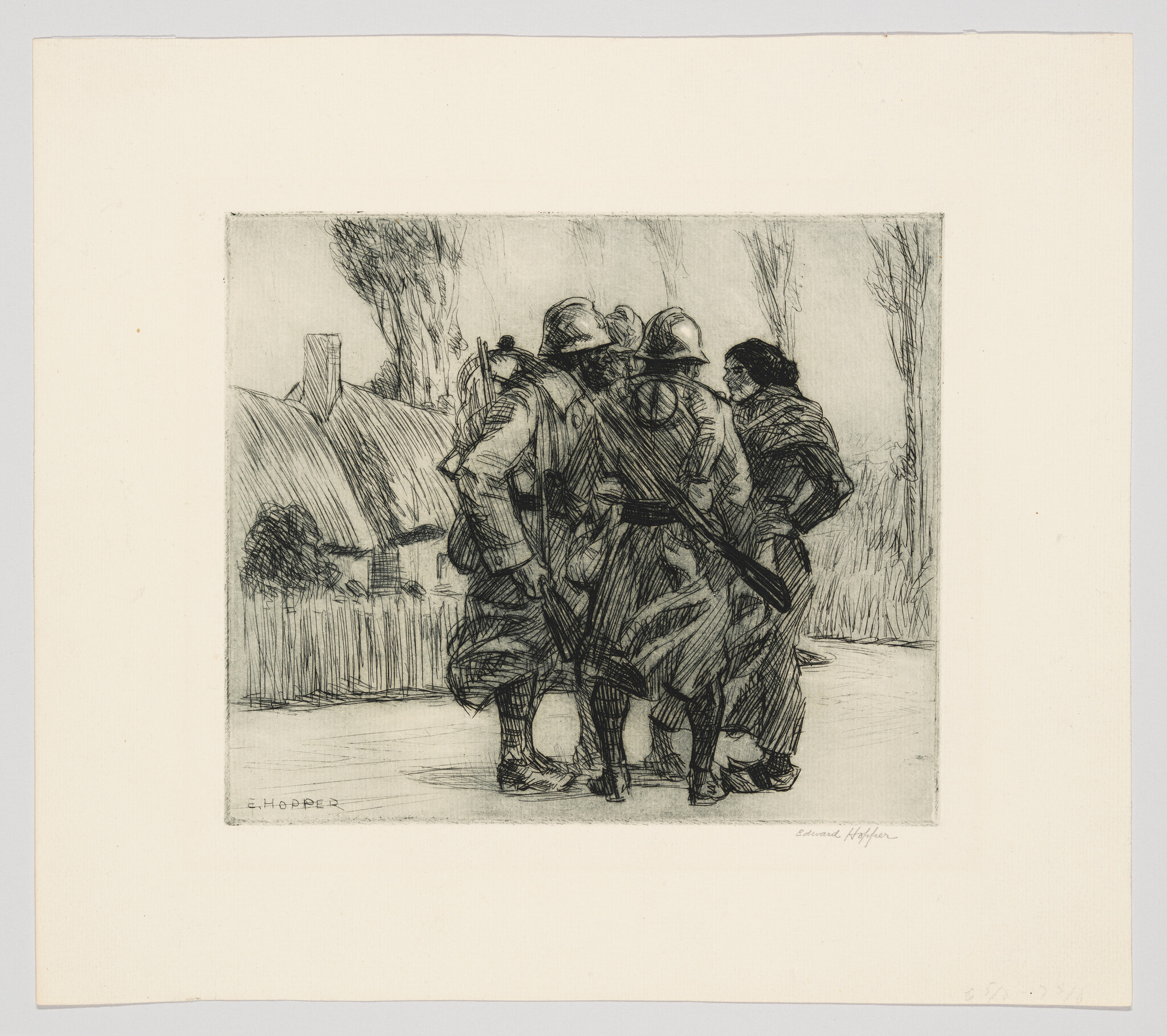 Four soldiers in helmets stand talking in a rural village street beside a thatched cottage.