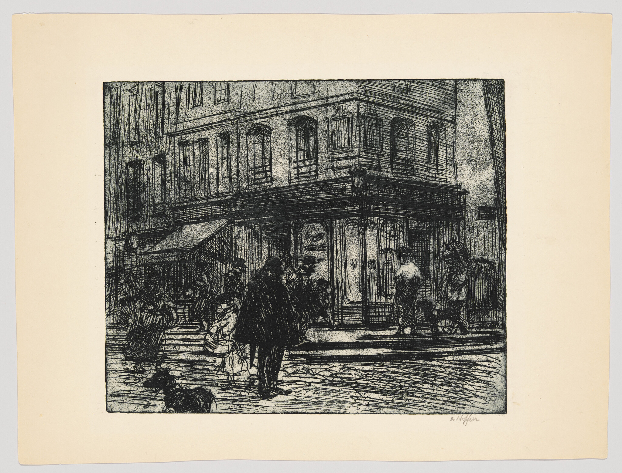 A black and white etching depicting a bustling street corner with pedestrians and a dog in the foreground. The architecture suggests a city environment with a prominent building featuring large windows and an awning. The style is detailed with fine lines suggesting movement and texture.