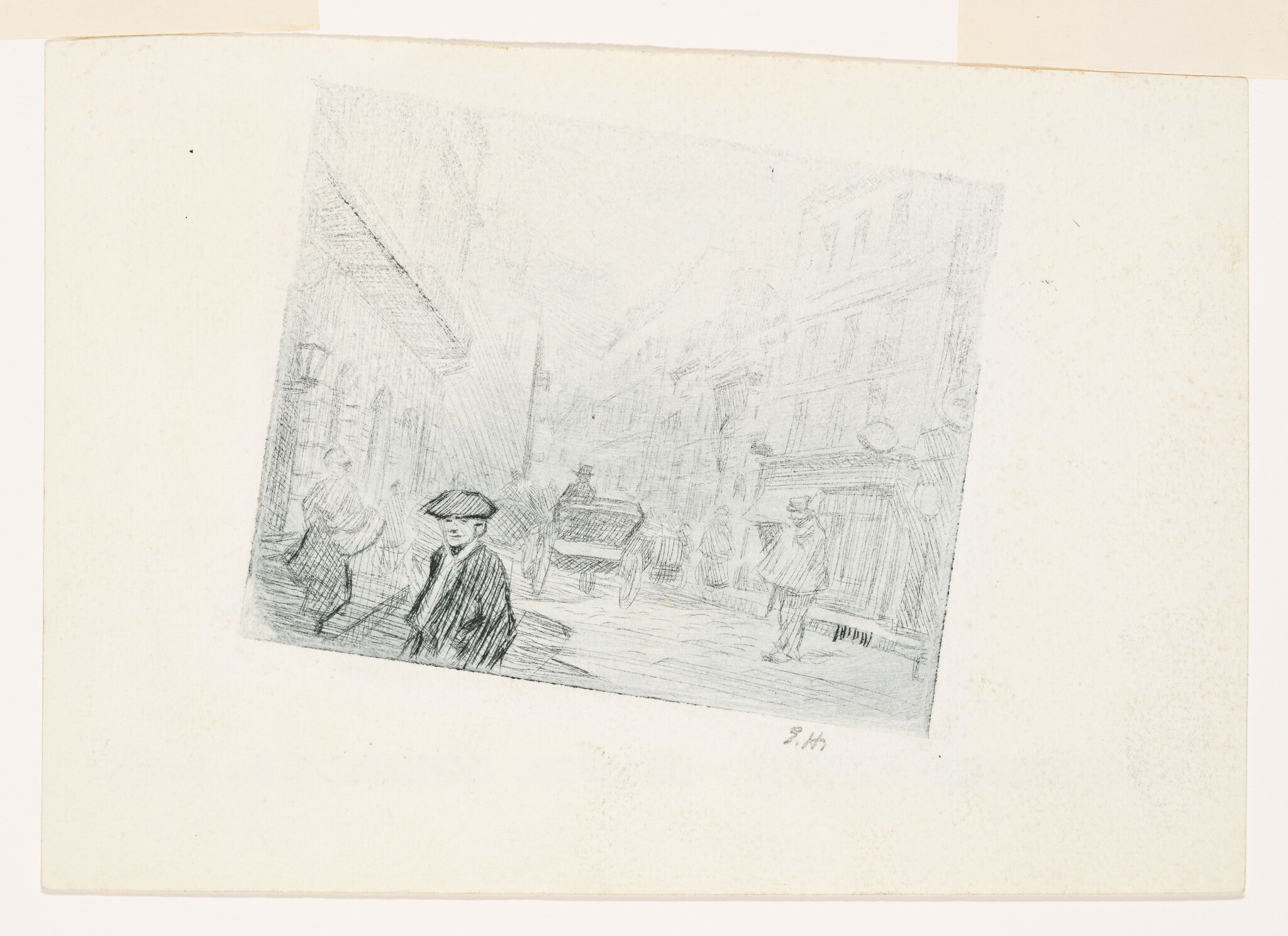 A boy in a cap stands in the foreground of a busy street with a carriage.