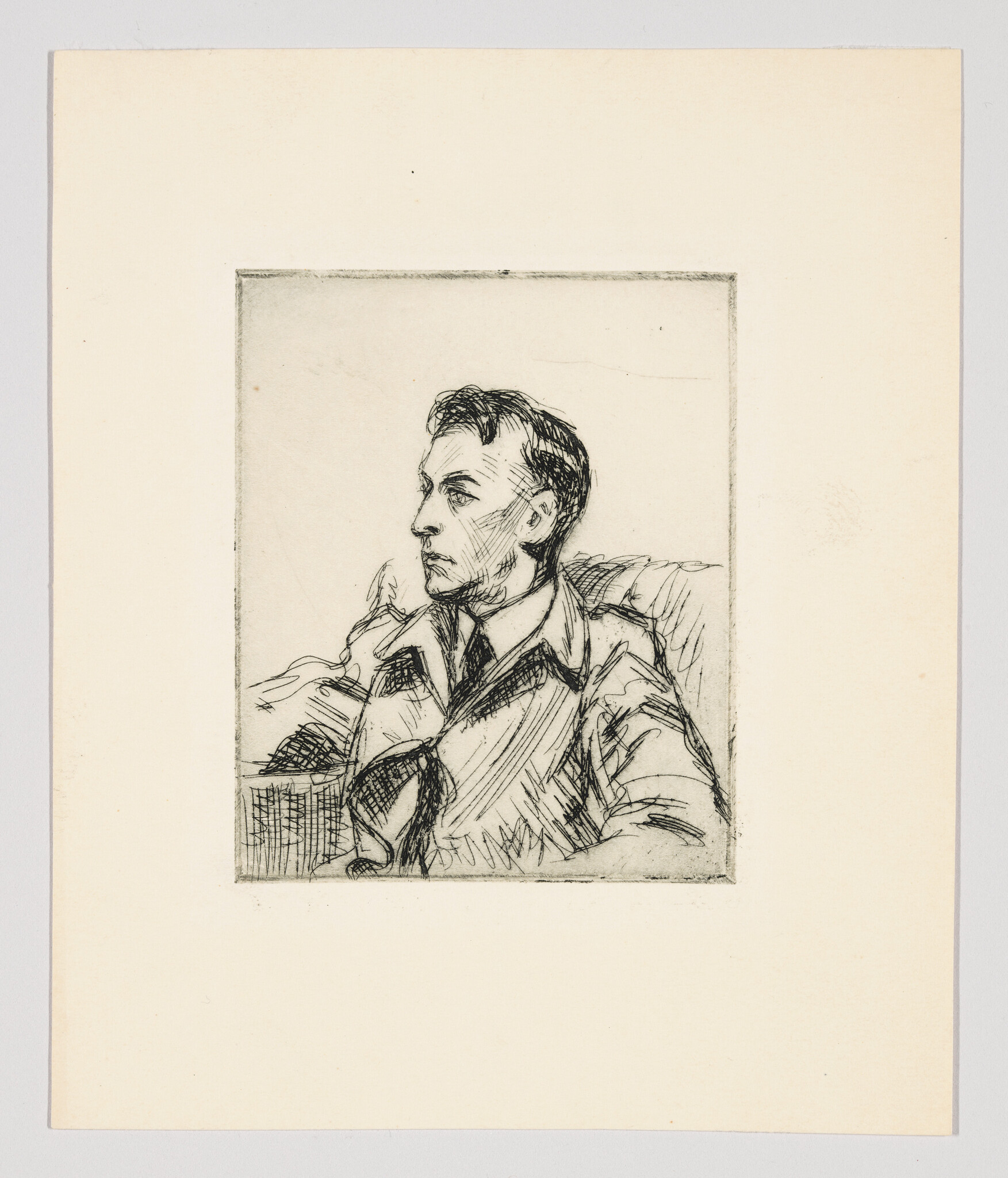 A seated man in a collared coat looks thoughtfully to the left in a sketch.