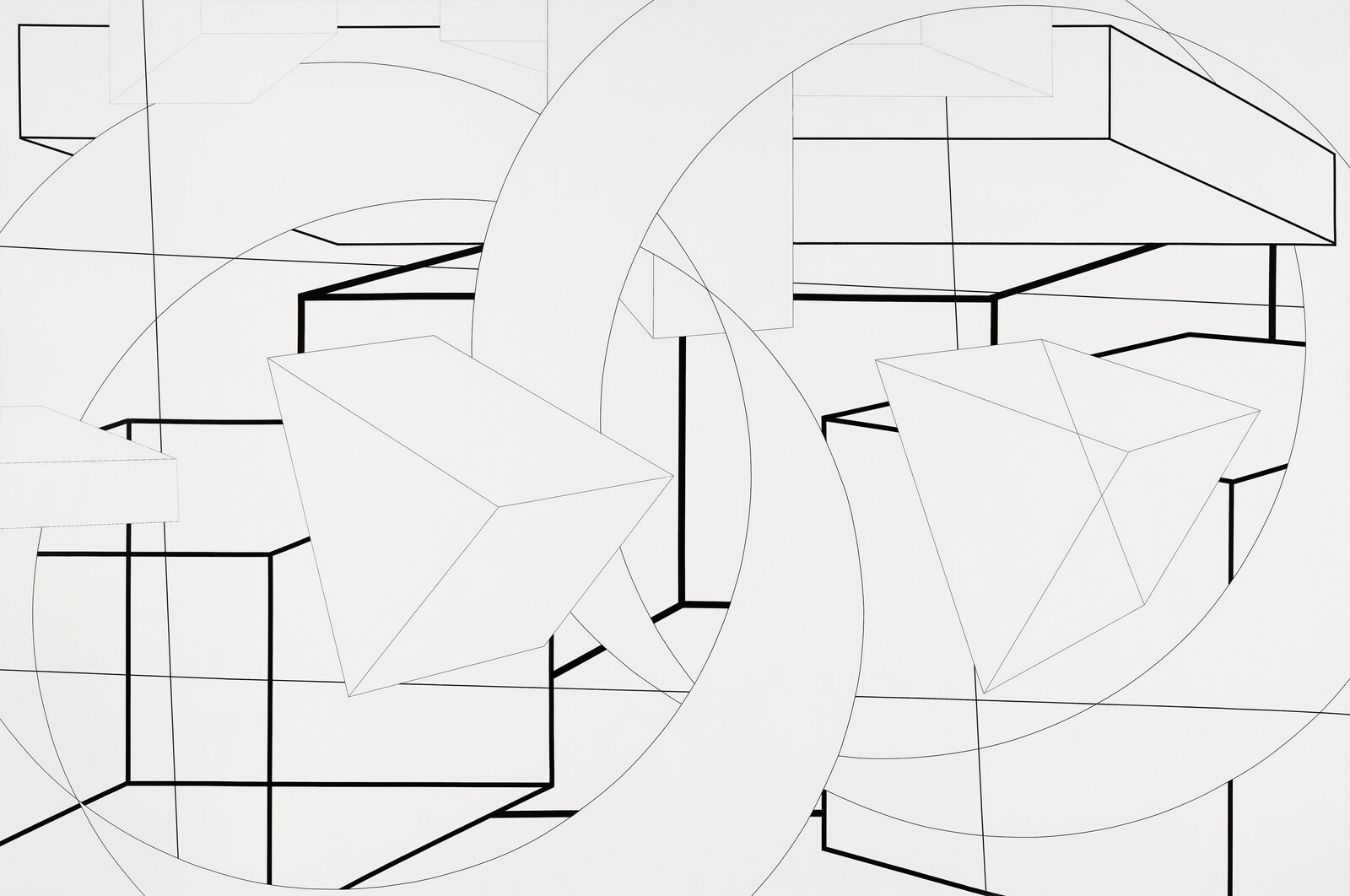 Overlapping geometric shapes including cubes and two tetrahedron-like forms outlined in black on white.