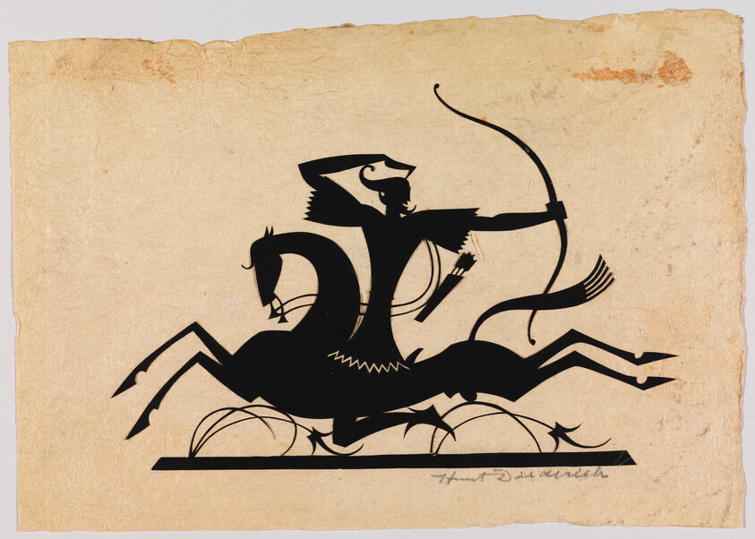 A silhouetted archer atop a leaping horse draws a bow on aged parchment.