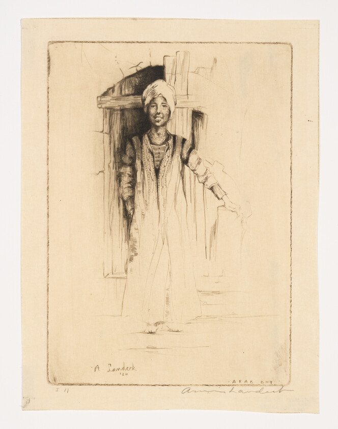 A turbaned man stands in a doorway with one arm extended.