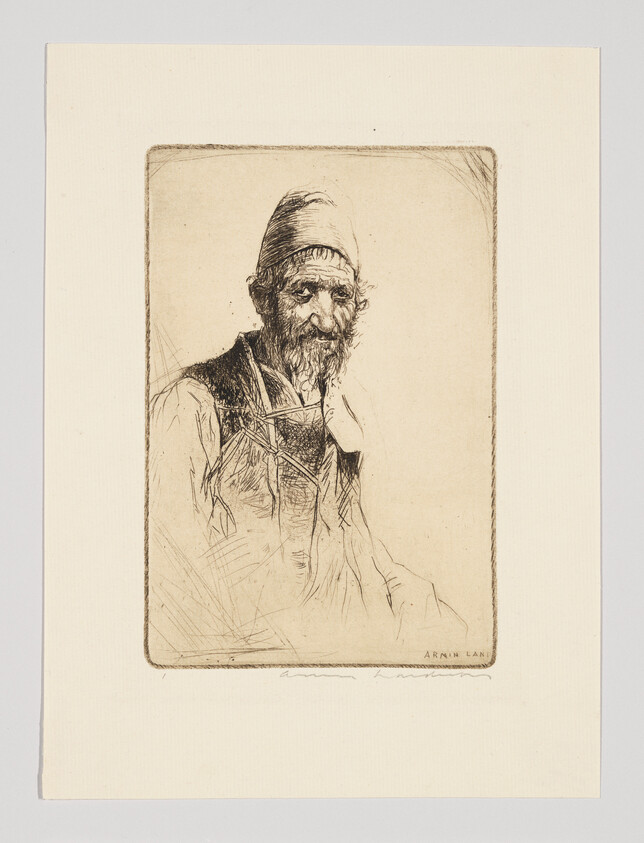 An elderly bearded man wearing a cap and vest looks slightly to the side in a sketch.