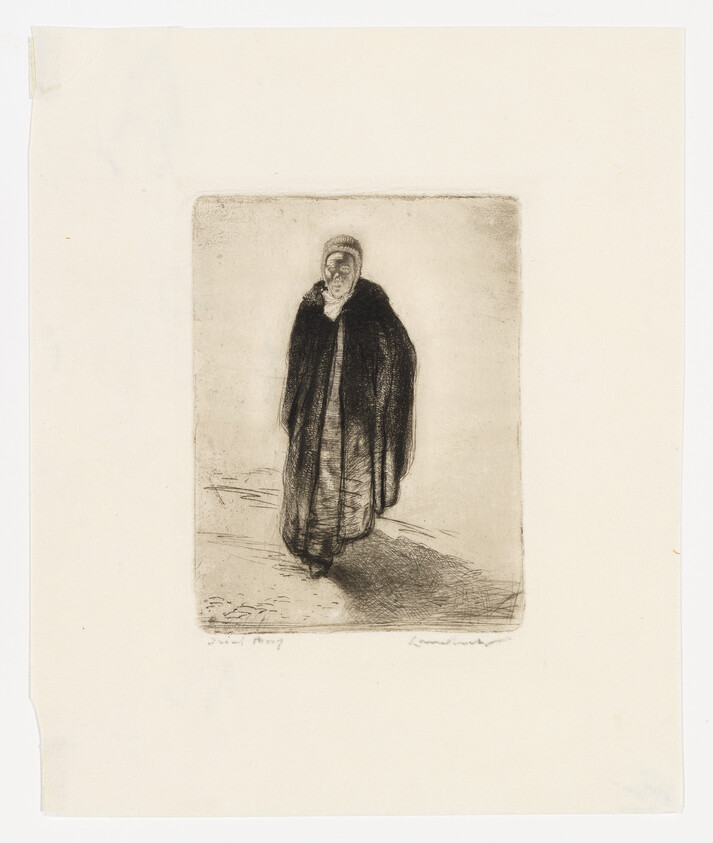 An elderly figure wrapped in a long dark cloak walks forward casting a shadow.
