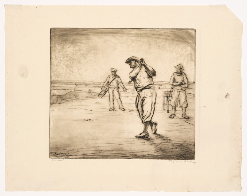 Three men on a sandy course with one man mid-swing and two watching.