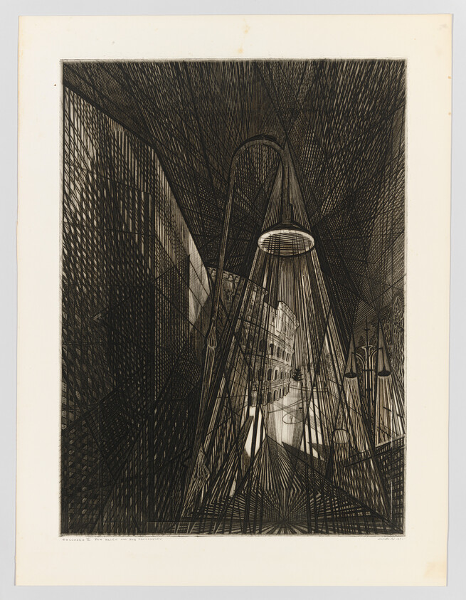 Tall streetlamp casts radiating beams down a narrow, shadowed city street with buildings.