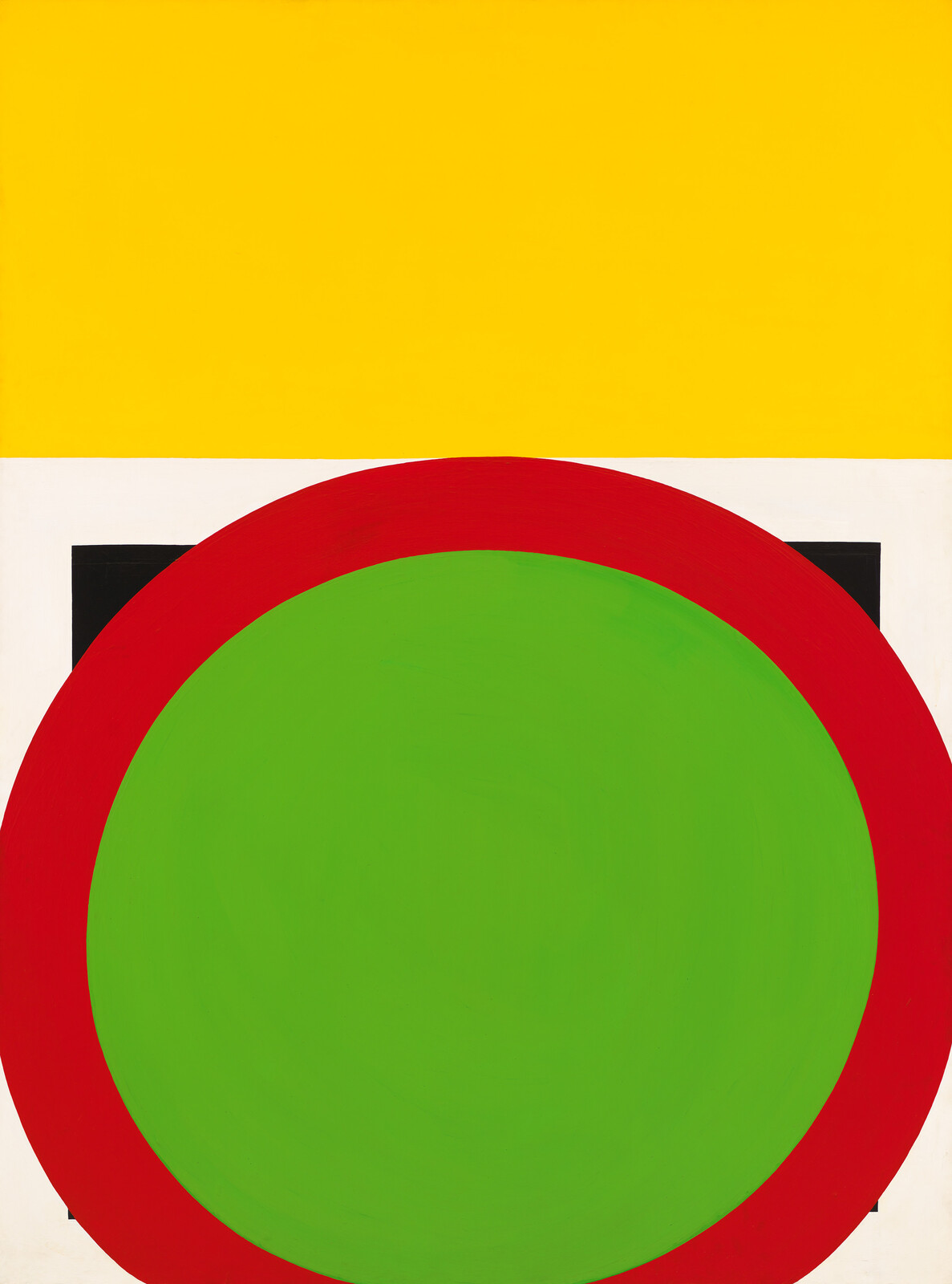 Abstract artwork with a large green circle bordered by red, set against yellow and white rectangles.