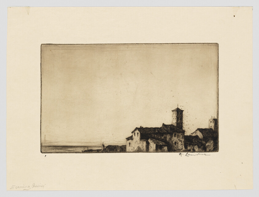 A small coastal village with church towers sits at the lower right beneath a vast empty sky.