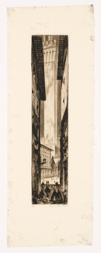 Narrow alley framed by tall buildings leading to a distant cathedral tower with small figures walking.