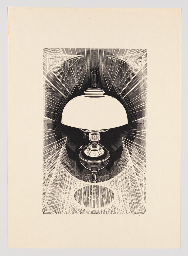 A black and white illustration of a symmetrical, abstract design featuring a central lamp-like object with radiating lines and patterns creating an optical illusion of depth and movement. The artwork is centered on a beige background.