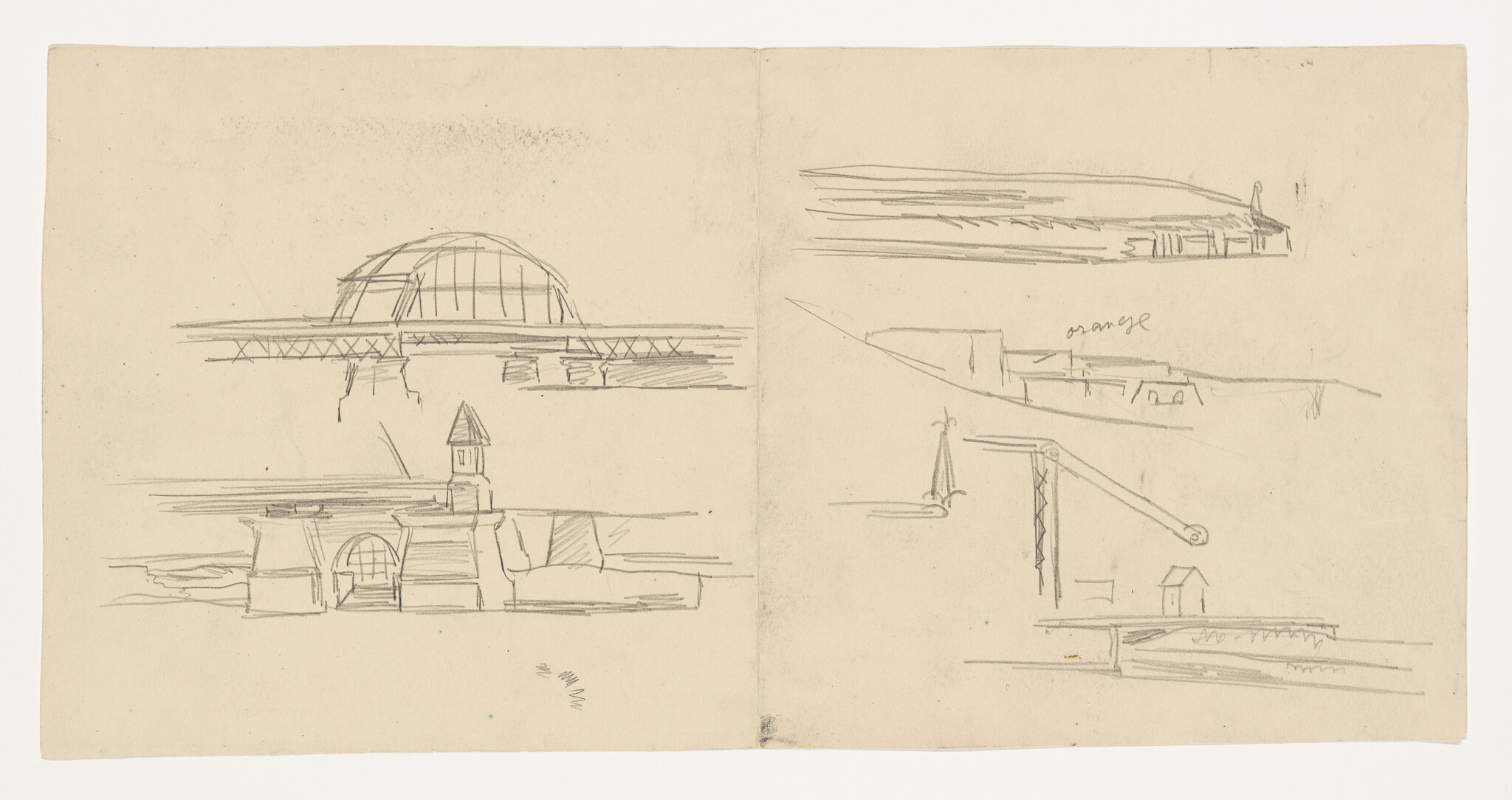 A sketchbook spread featuring various pencil sketches of architectural structures and mechanical elements. On the left page, there are drawings of buildings with domed and pitched roofs, and a bridge-like structure. The right page contains more abstract sketches of what appear to be parts of ships or machinery, with the word "orange" written near one of the drawings. The paper has an aged look with some discoloration.