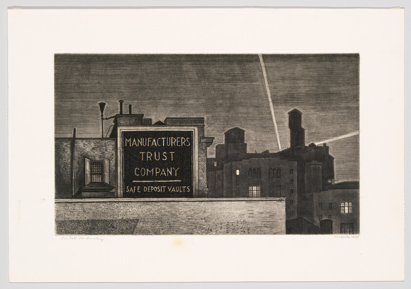 Rooftop view of a city skyline at night with a sign reading "Manufacturers Trust Company Safe Deposit Vaults."