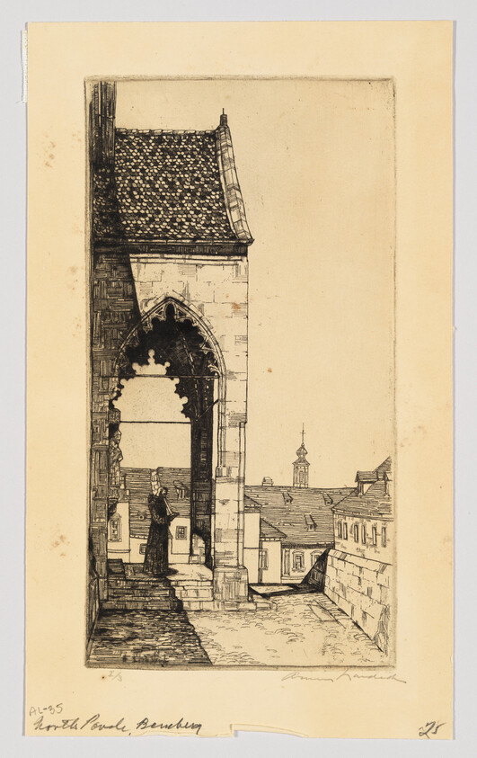 Person standing under a Gothic archway looking over rooftops toward a distant church steeple.