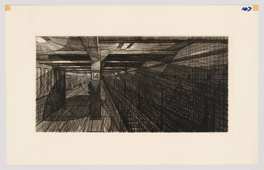 Empty subway platform with a pillar marked 14 and a few distant passengers waiting.