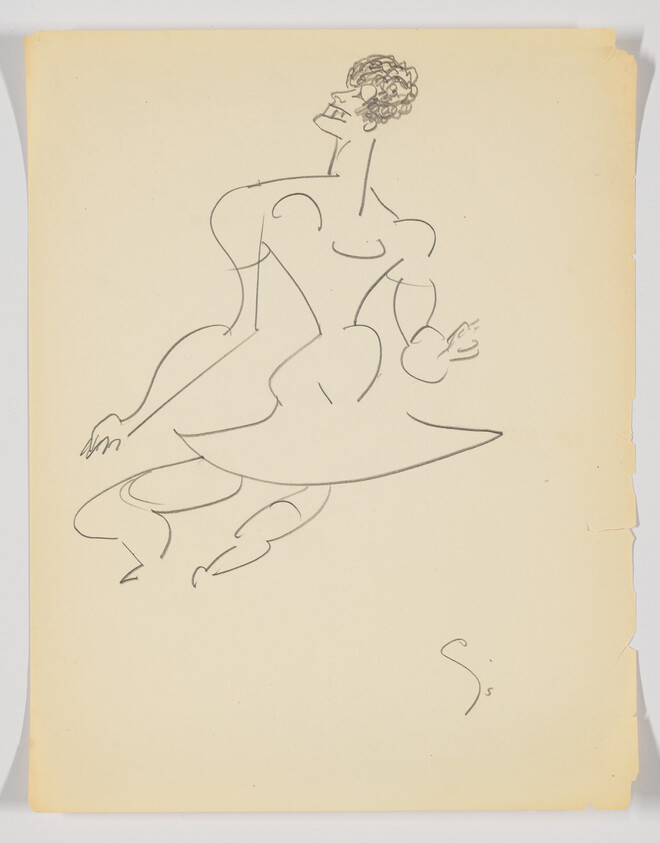 A loose single-line sketch of a dancer in a flared dress leaping with arms extended.