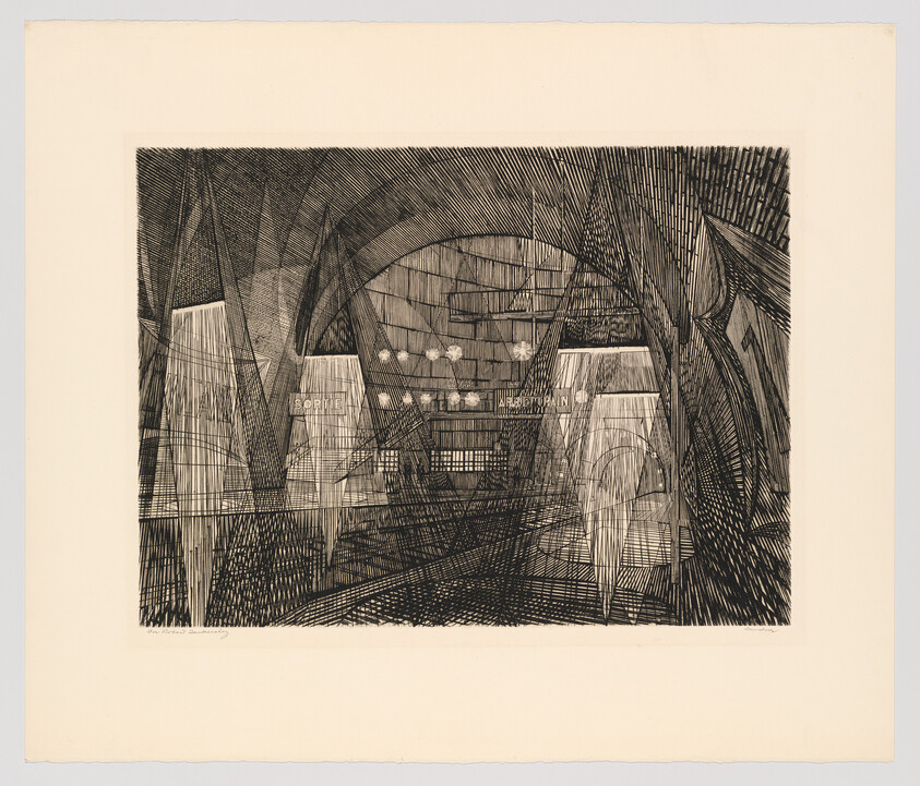 An interior vaulted hall with dramatic crosshatched beams, hanging lights, and geometric archways.