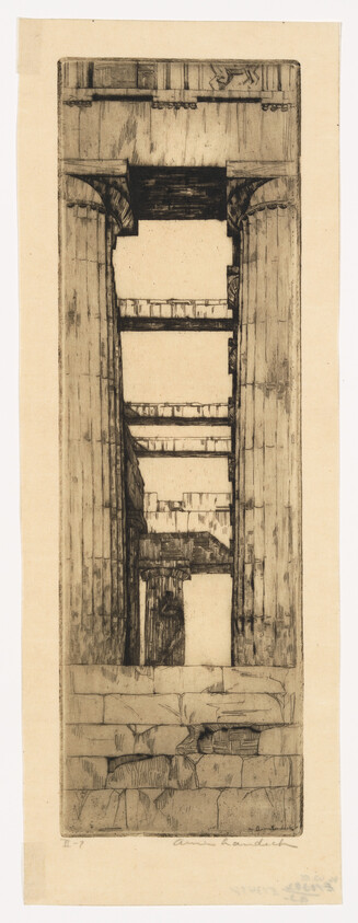 An etching depicting a vertical view through a series of dilapidated, stacked arches, showing the intricate stonework and the decay of an ancient structure. The perspective is from the ground looking up, with the closest arches appearing larger and the successive ones receding into the distance. The artwork captures the texture of the stones and the play of light and shadow within the architectural ruins.