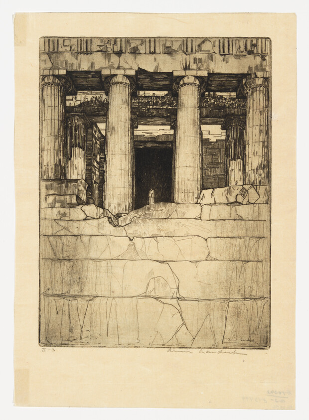 An etching depicting the entrance to an ancient Greek temple with Doric columns and detailed friezes. The foreground shows large stone steps leading up to the darkened doorway, where a small figure is visible. The artwork conveys a sense of historical grandeur and decay.