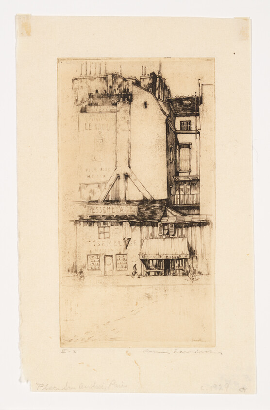 Narrow Paris street with old storefronts, awnings, and taller buildings rising behind.