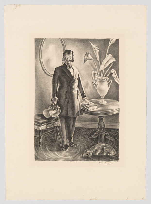 A formally dressed man stands holding a top hat and cane beside a table with books and a sleeping dog.