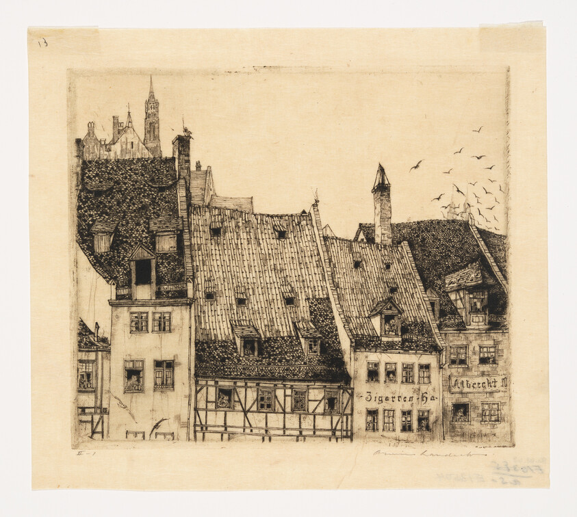 A row of old timber-framed houses with steep tiled roofs and chimneys under flying birds.