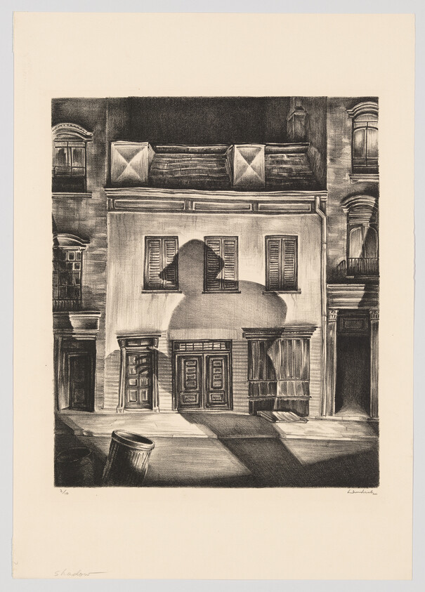 A townhouse facade with a large dog-shaped shadow cast across its doors and windows.