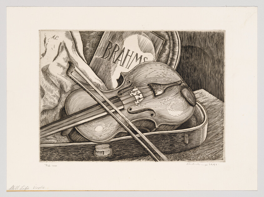A violin and bow lie in an open case with a visible music book labeled "Brahms."