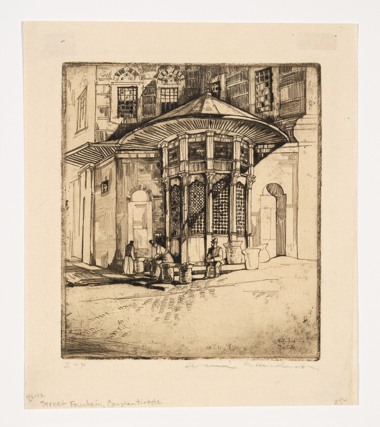 A historic domed street fountain with people filling containers and sitting nearby.