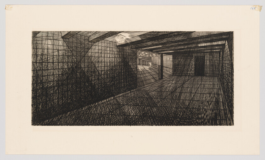 Crosshatched interior corridor with wooden beams and light pouring through a skylight toward a doorway.