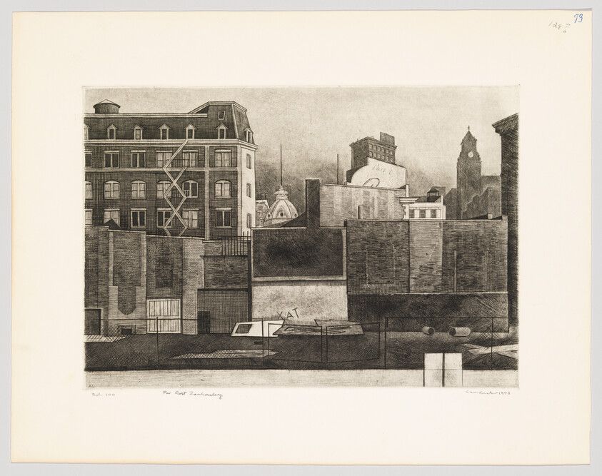 City rooftop and brick wall foreground with multi-story buildings and a vacant lot behind.