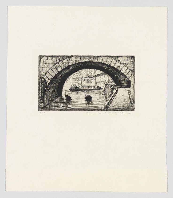 A stone arch bridge frames small boats and a houseboat on a quiet canal.