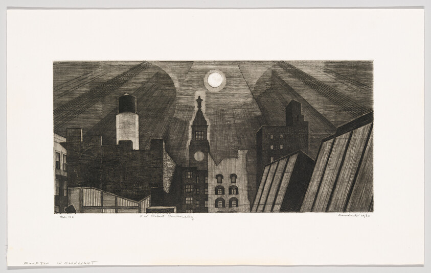 Moonlight casts dramatic rays over dark city rooftops and a clock tower silhouette.