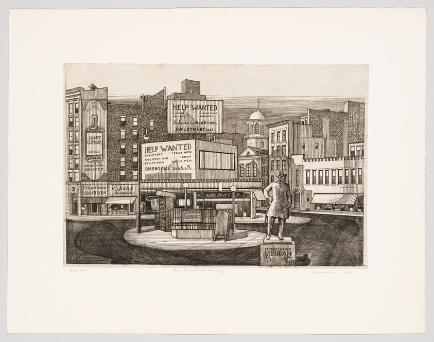 Downtown street scene with large help wanted billboards above storefronts and a Sheridan statue.