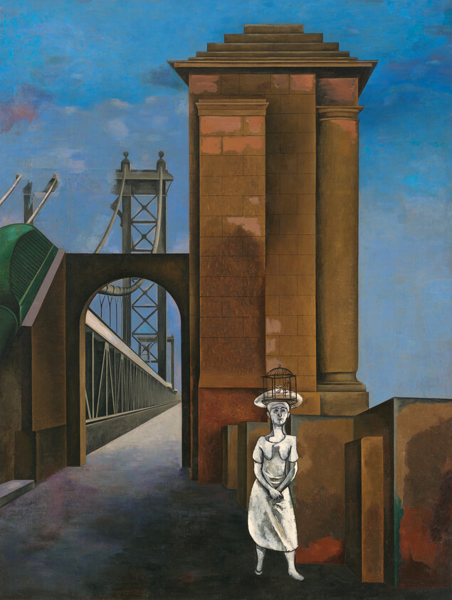 A woman in a white dress wearing a birdcage hat stands beside a large bridge pillar.