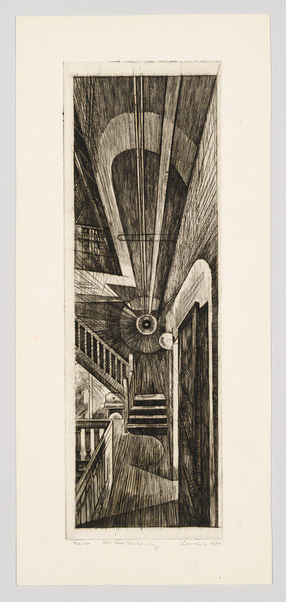 Narrow interior view of a stairwell with wooden banister and a central light casting radiating shadows.