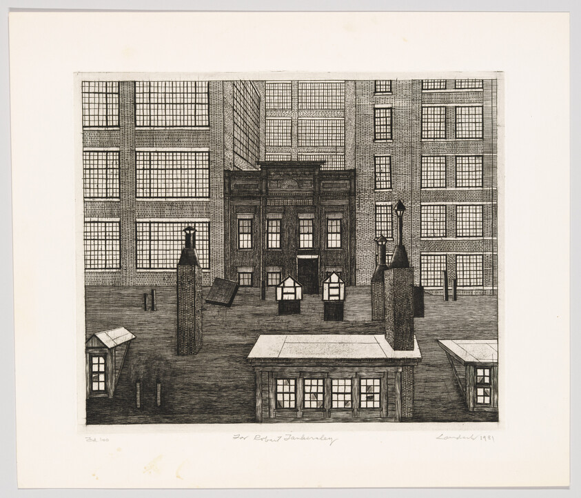 A rooftop scene with small structures, chimneys, and tall brick factory buildings with grid windows.