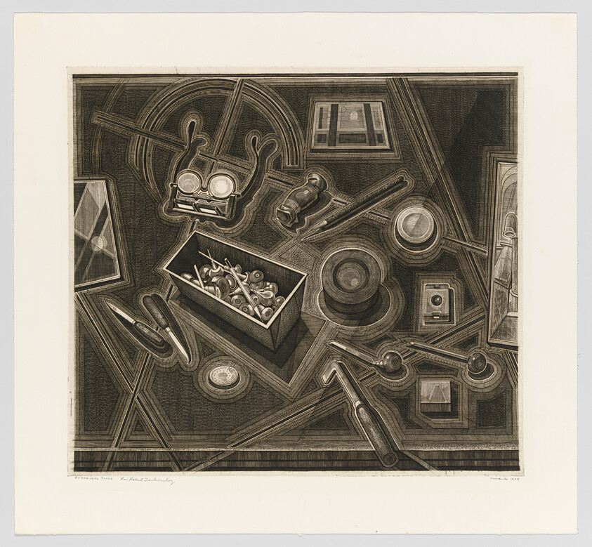 A flat lay of assorted tools and a box of metal fasteners arranged on a patterned surface.