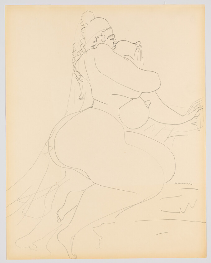 Curvy reclining woman drawn in delicate continuous lines, wearing a veil and leaning forward.