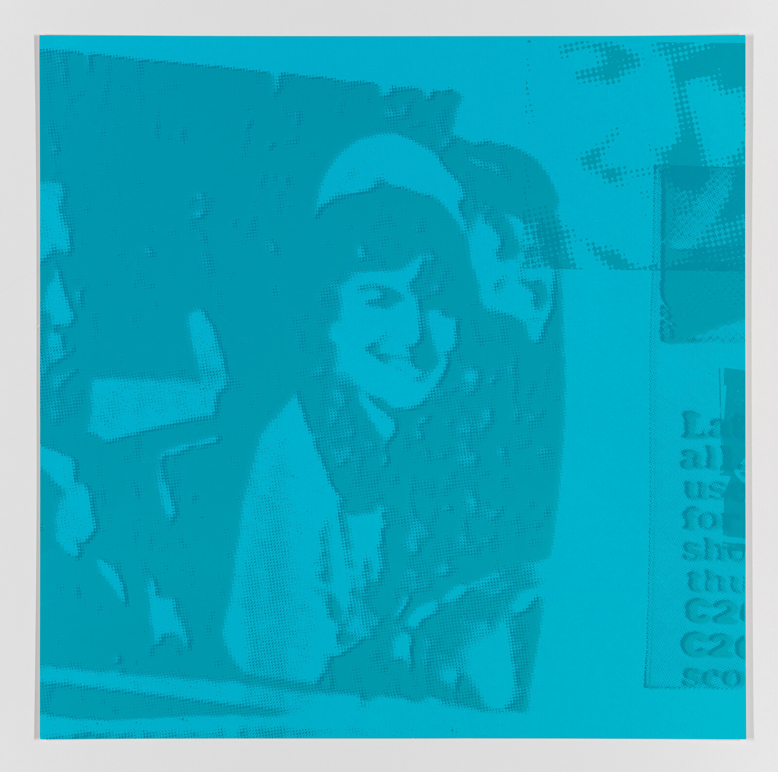 A monochromatic cyan image featuring a halftone pattern, depicting a group of people with one person's face in the foreground smiling. The image has a pixelated, screen-printed appearance, and there are partially visible texts on the right side, suggesting it may be part of a larger piece or collage.