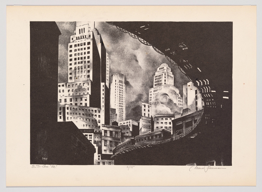 A black and white artistic print depicting a dramatic urban scene with skyscrapers and a curving elevated train track. Clouds of smoke or fog swirl around the buildings, and the perspective is skewed to create a disorienting, almost surreal effect. The artwork is signed by the artist and includes handwritten notations indicating it is a limited edition.