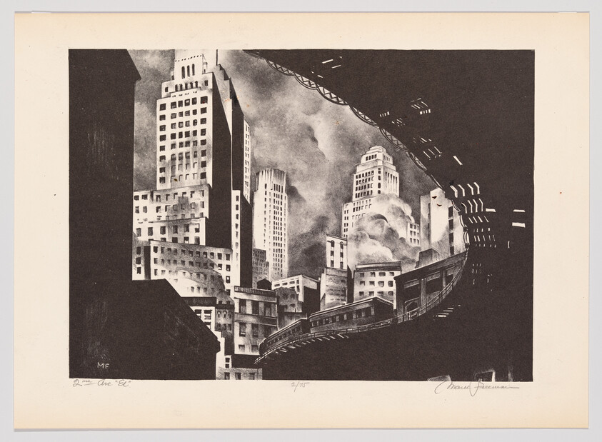 Elevated train curves around dense city skyscrapers under a dark, cloudy sky.