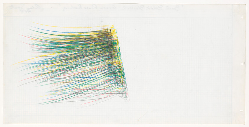 A dense vertical cluster of multicolored fine lines fans out diagonally across a pale grid background.