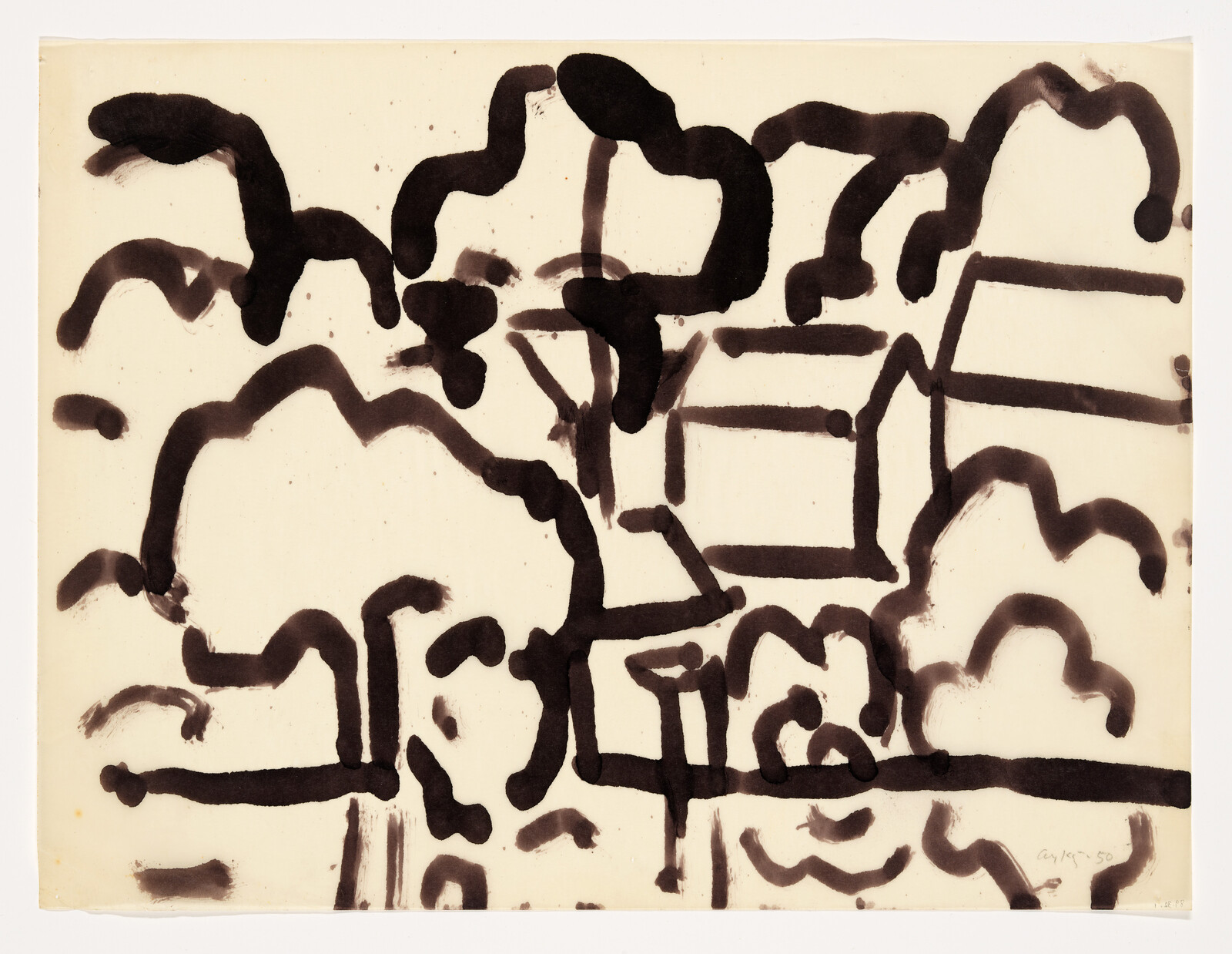 An abstract artwork featuring irregular black ink lines and shapes on a cream-colored background. The lines vary in thickness and form an assortment of loops, curves, and linear strokes, some of which suggest rudimentary forms or symbols. The composition is spontaneous with a sense of free-flowing movement. There is a signature and date in the bottom right corner indicating the piece was created in 1950.