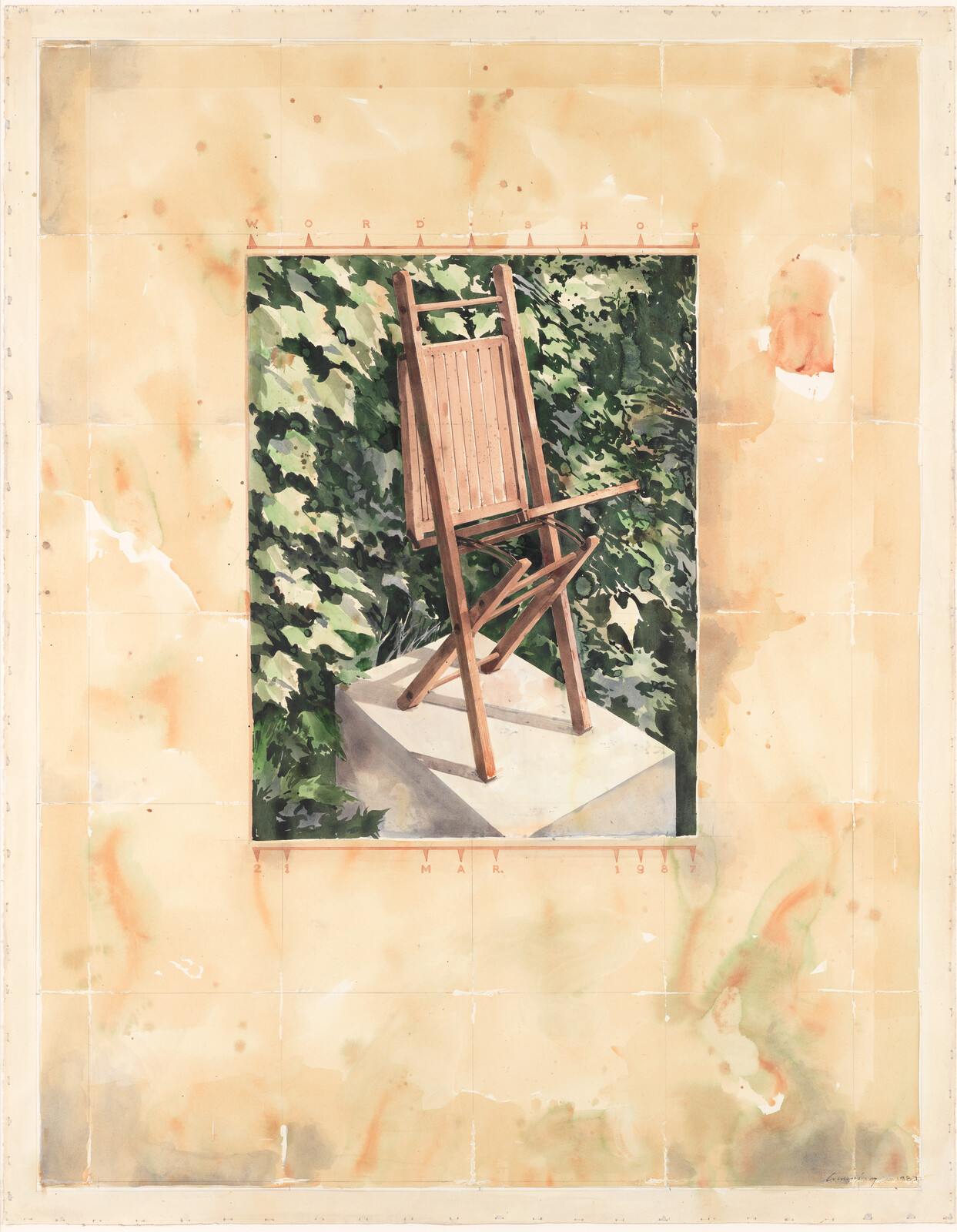 A wooden folding chair stands angled on a concrete pedestal in front of dense green foliage.