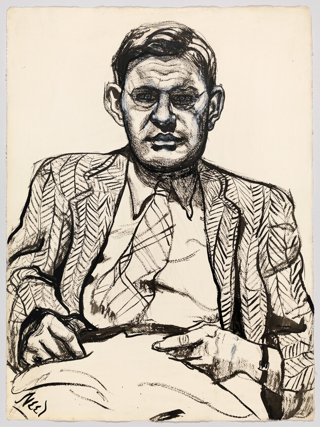 A seated man in a patterned jacket and tie looks forward with hands resting on his lap.
