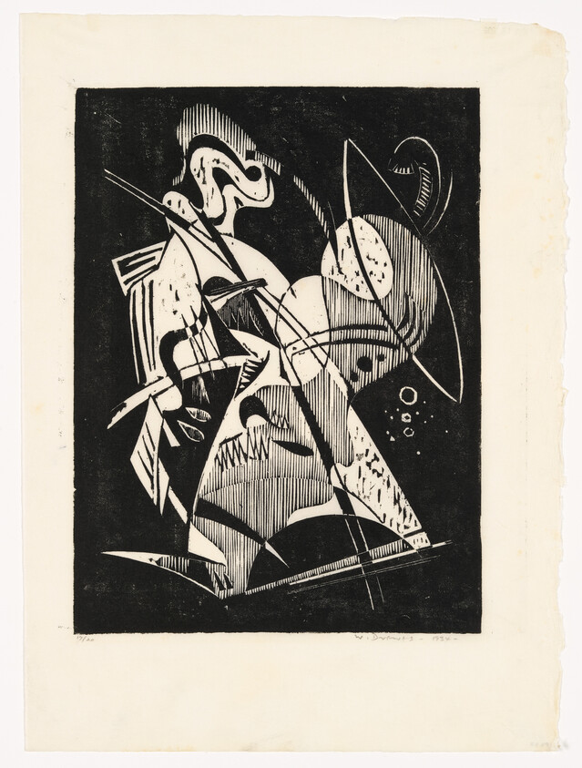 Abstract black-and-white print showing intersecting curved and angular shapes with striped patterns.