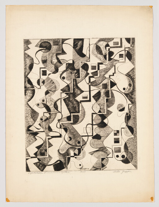 Abstract black-and-white geometric composition with overlapping curves, zigzags, and stair-like shapes.